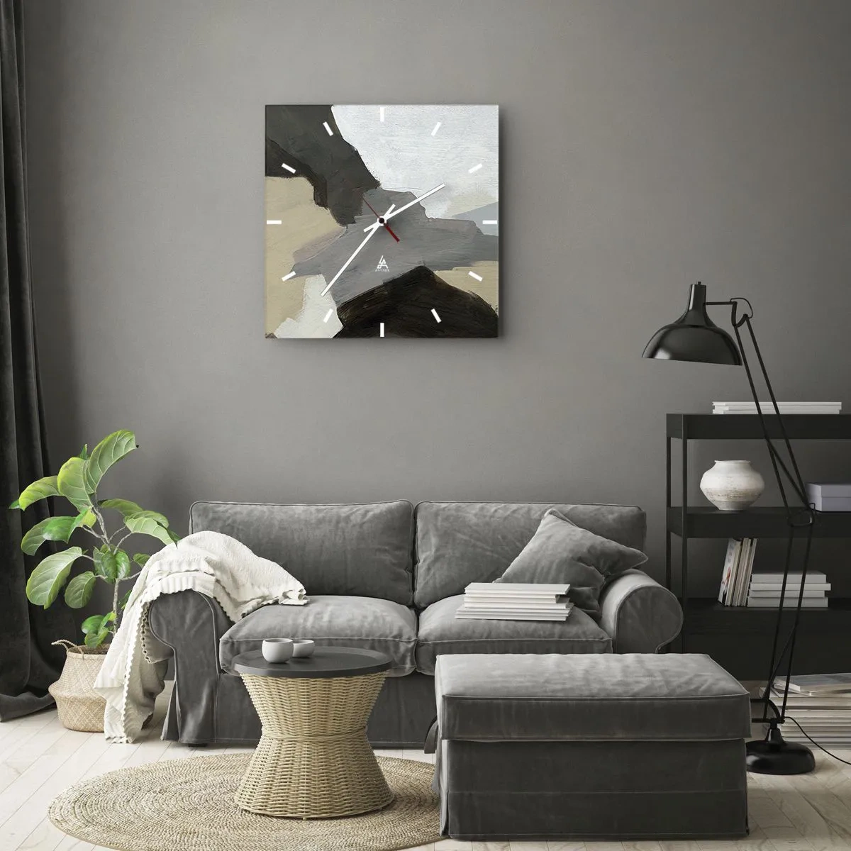 Ceas de perete - Ceas pe sticlă - Abstracție: despărțirile griului - 30x30 cm