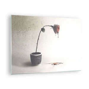 Tablou pe sticlă - Un trandafir simbolic într-un ghiveci cu vopsea picurată - 70x50cm - Rosa dolorosa - Decorațiune modernă pentru perete pentru living și dormitor ARTTOR