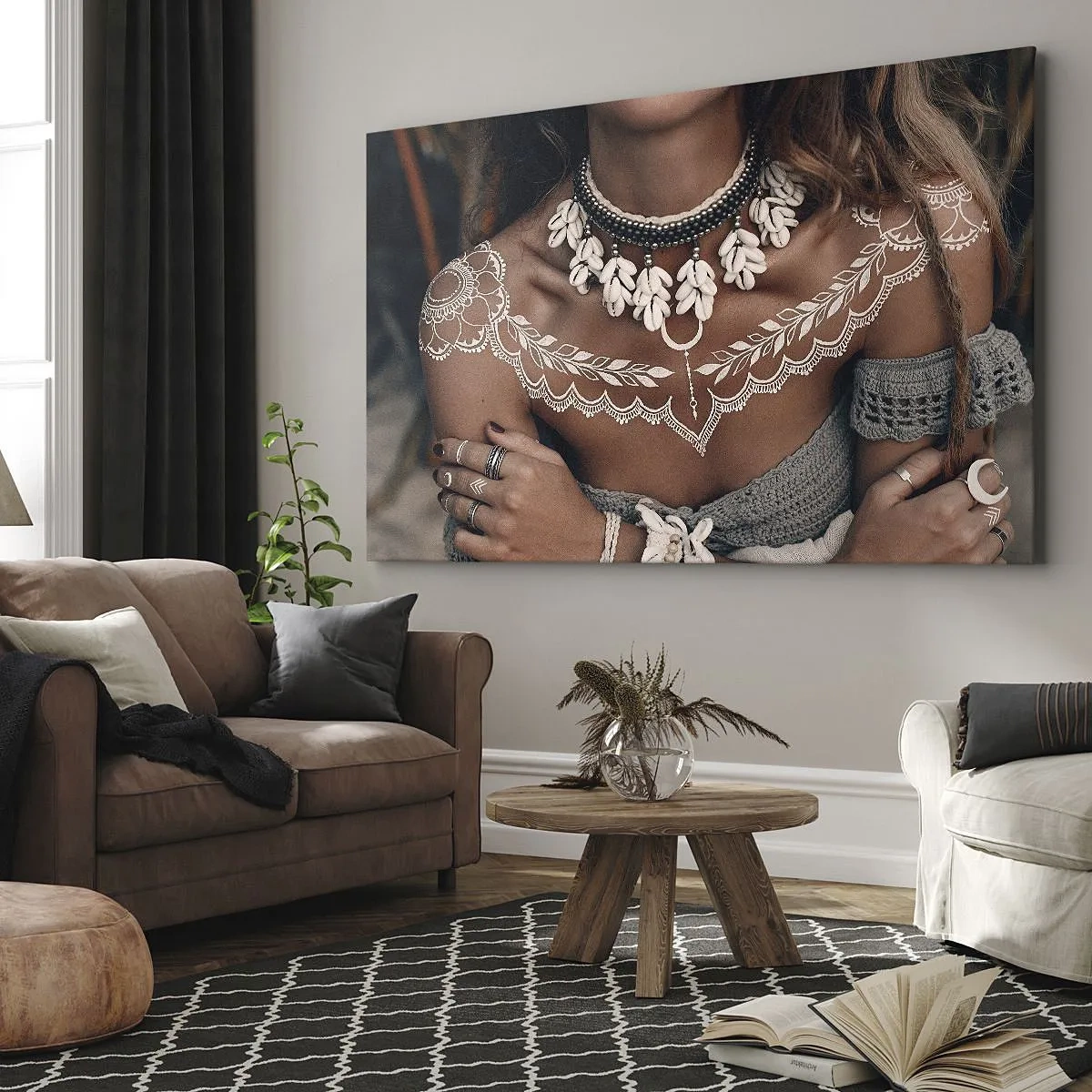 Tablou pe pânză Canvas - Stil boho cu bijuterii din scoici și model de dantelă - 70x50cm - Talismanele, ritualurile feminității - Decorațiune modernă pentru perete pentru living și dormitor ARTTOR