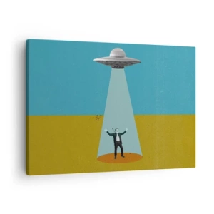 Tablou pe pânză Canvas - Un bărbat în lumina unui OZN pe fundalul unui peisaj colorat - 70x50cm - Întâlnire de gradul III - Decorațiune modernă pentru perete pentru living și dormitor ARTTOR