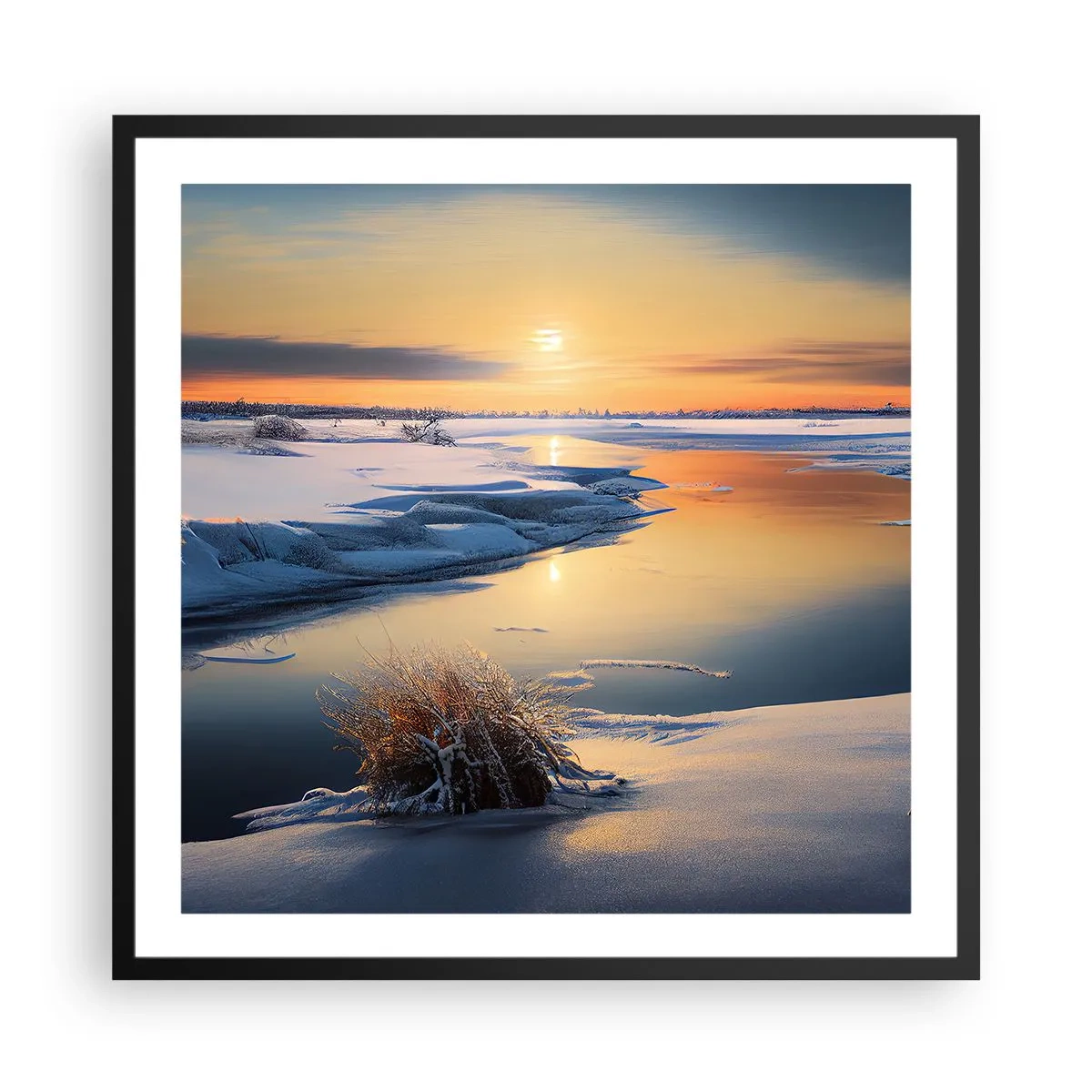 Poster în ramă neagră - Apus de soare pe timp de iarnă - 60x60 cm