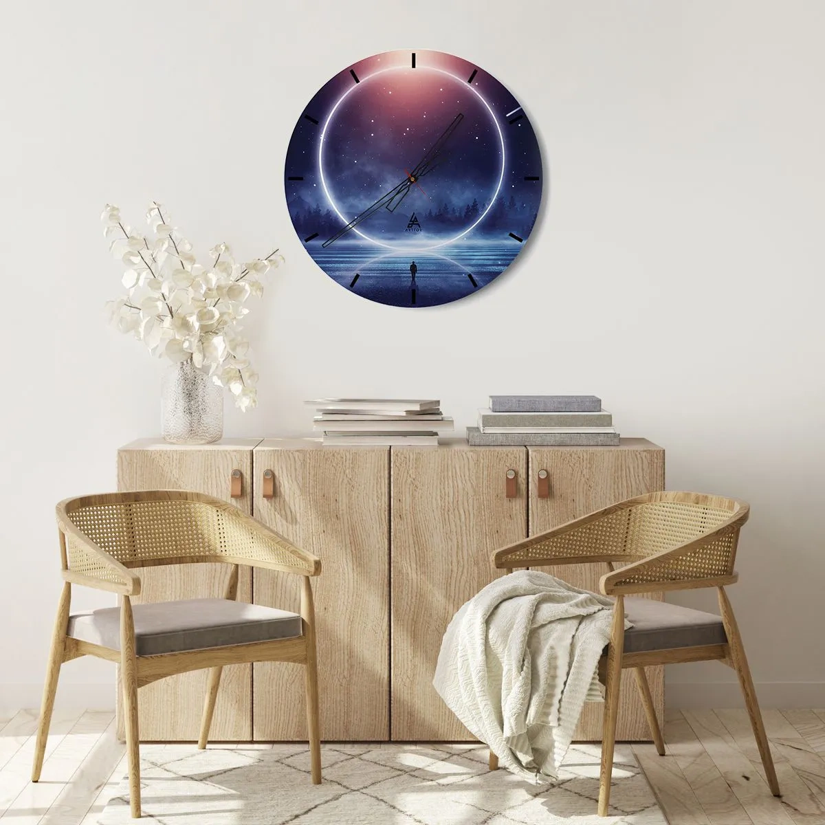 Ceas de perete - Ceas pe sticlă - Un inel spațial deasupra apei și o siluetă care privește spre el. - 30x30cm - Ei sunt deja aici... - Decorațiune modernă pentru perete pentru living, bucătărie și dormitor ARTTOR
