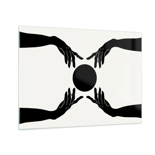 Tablou pe sticlă - Mâini negre în jurul unui cerc negru pe un fundal deschis - 70x50cm - Semnul secret - Decorațiune modernă pentru perete pentru living și dormitor ARTTOR