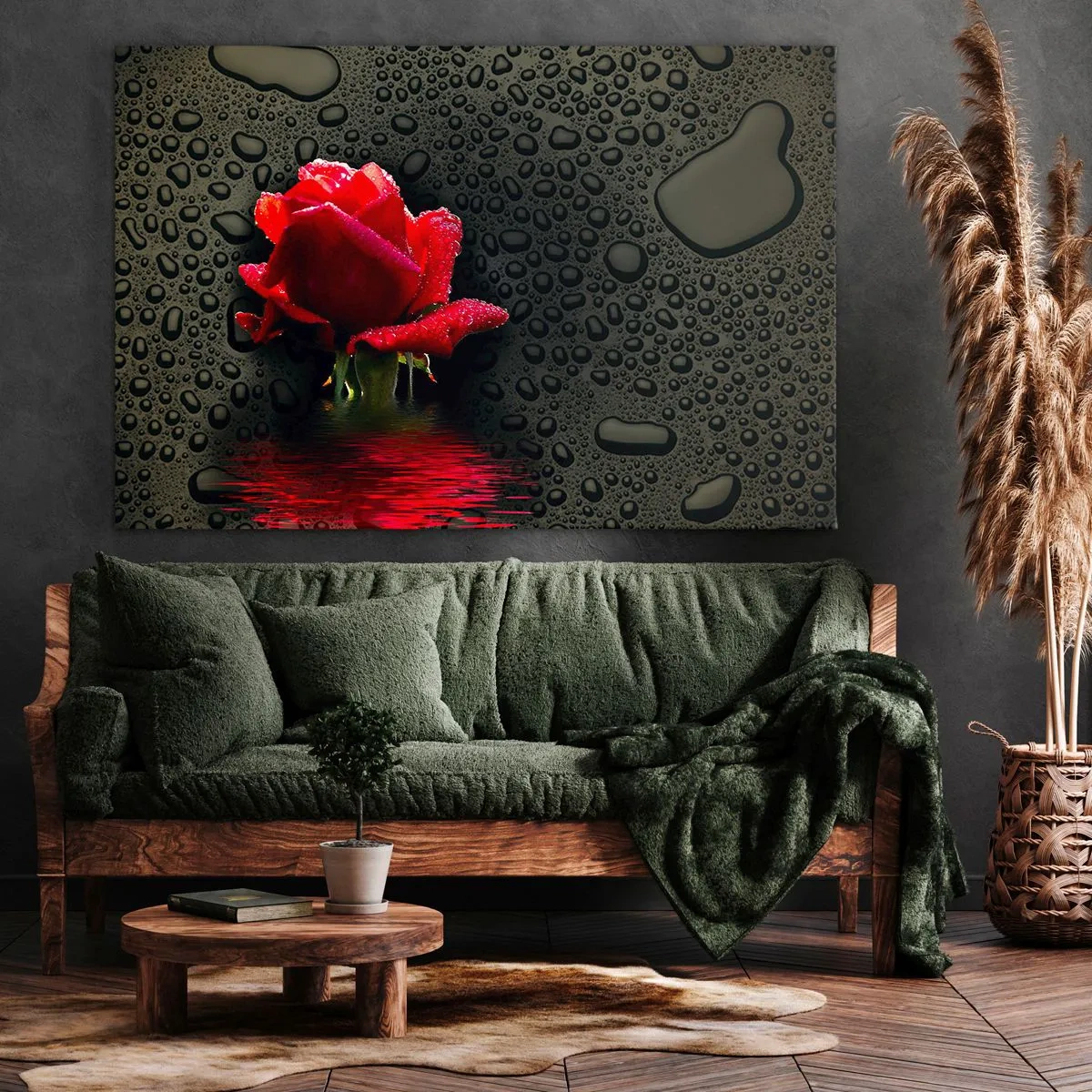 Tablou pe pânză Canvas - Trandafir roșu cu picături de apă pe un fundal întunecat - 70x50cm - Roșu și negru - Decorațiune modernă pentru perete pentru living și dormitor ARTTOR