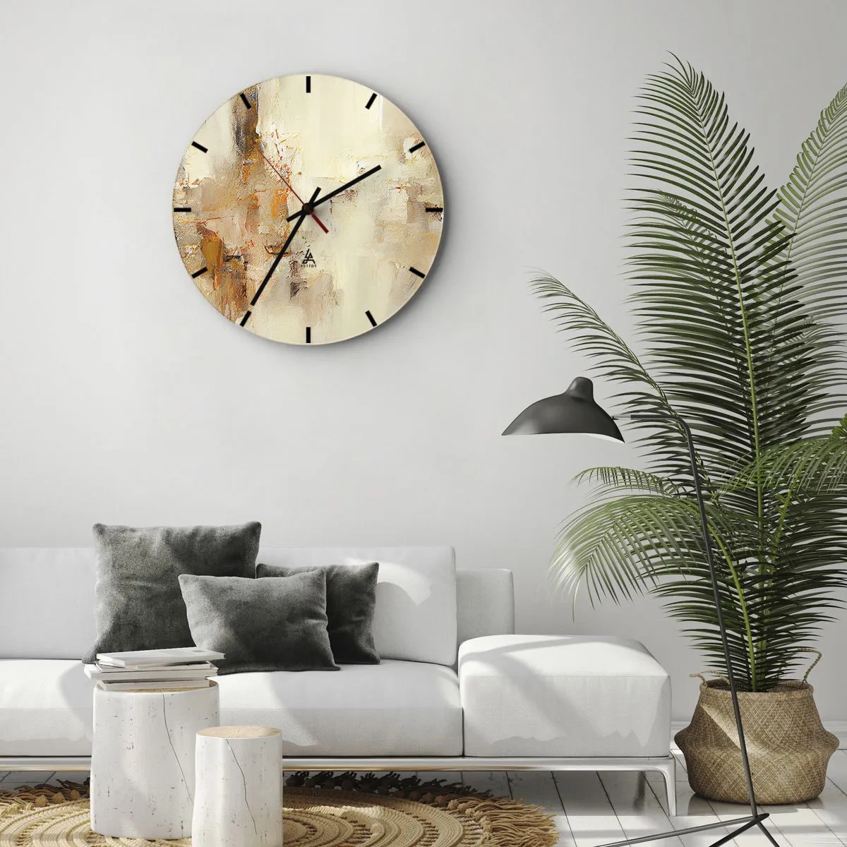 Ceas de perete - Ceas pe sticlă - O compoziție abstractă în nuanțe de bej și portocaliu. - 30x30cm - Sufletul de chihlimbar - Decorațiune modernă pentru perete pentru living, bucătărie și dormitor ARTTOR