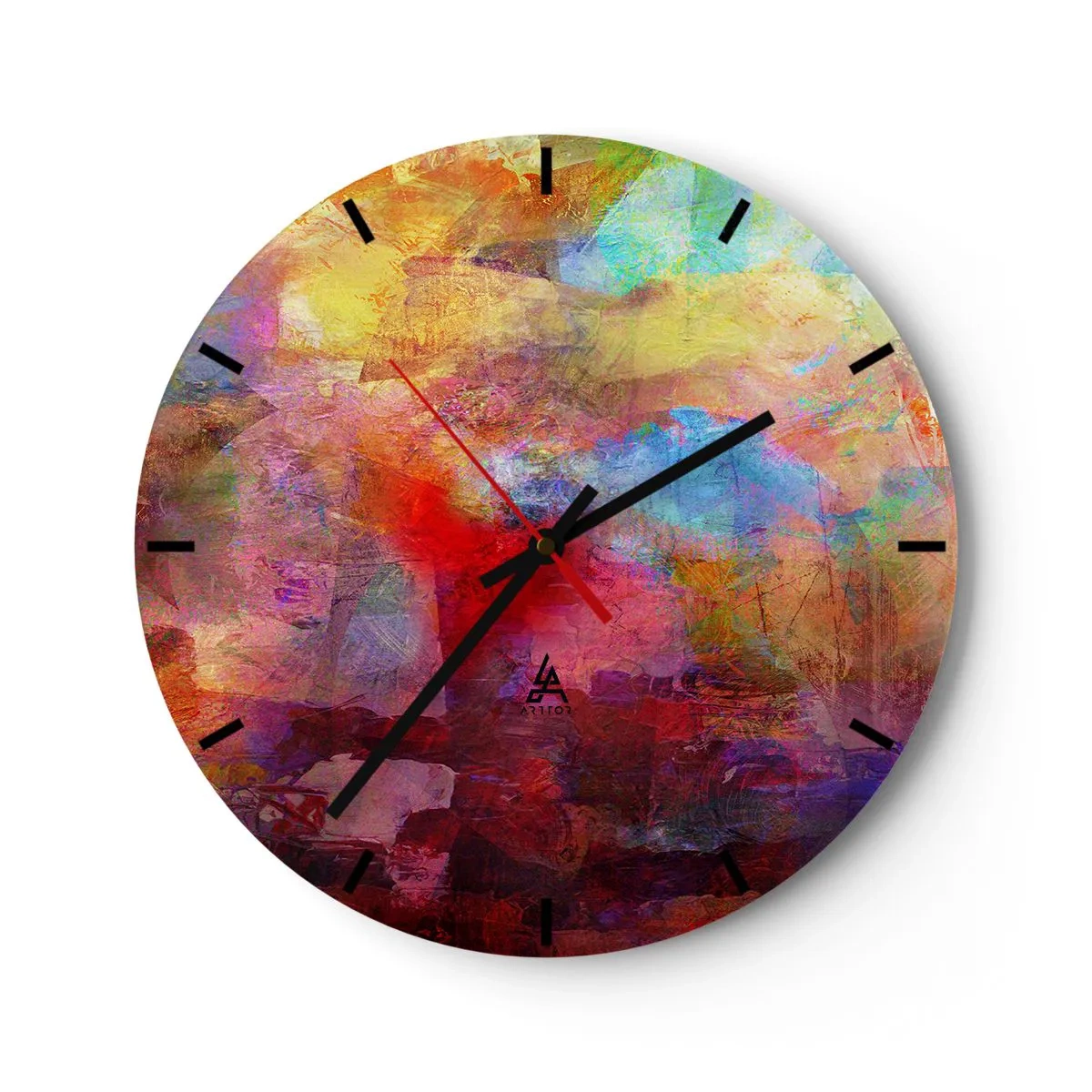 Ceas de perete - Ceas pe sticlă - O compoziție abstractă în culori intense cu un roșu dominant - 30x30cm - O privire în interiorul curcubeului - Decorațiune modernă pentru perete pentru living, bucătărie și dormitor ARTTOR