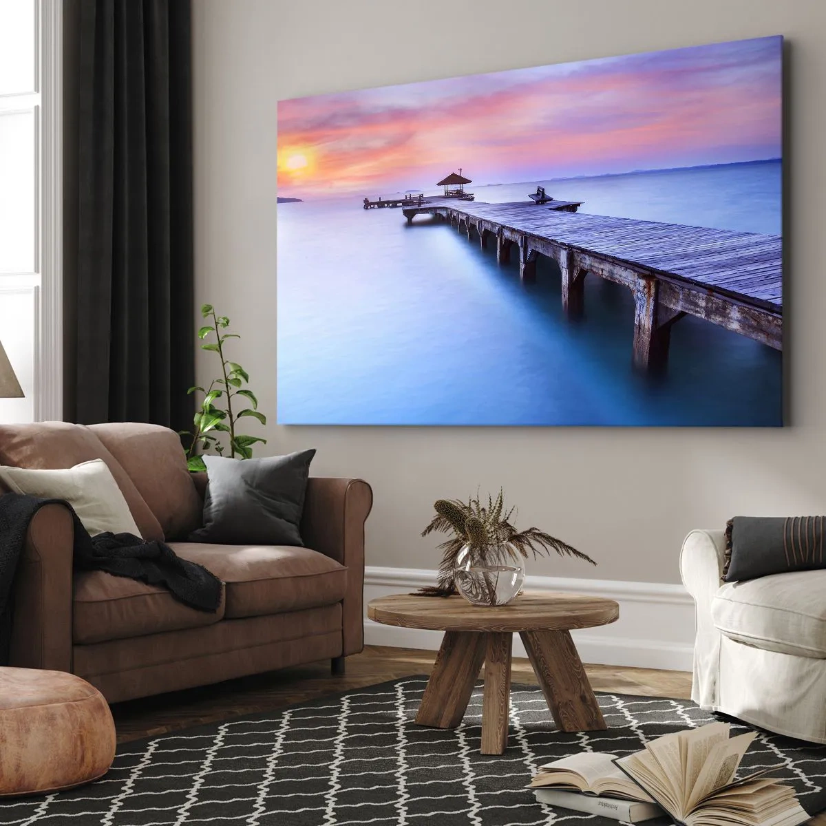 Tablou pe pânză Canvas - Dig de lemn care duce spre apă la apus - 70x50cm - Mare de liniște până la orizont - Decorațiune modernă pentru perete pentru living și dormitor ARTTOR