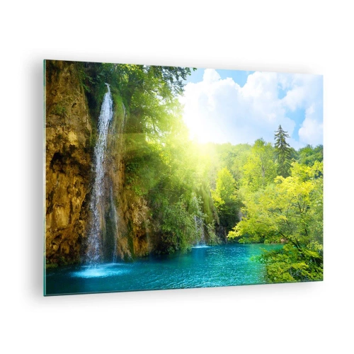 Tablou pe sticlă - O cascadă care curge într-un lac albastru înconjurat de verdeață - 70x50cm - Trebuie să fie Edenul - Decorațiune modernă pentru perete pentru living și dormitor ARTTOR
