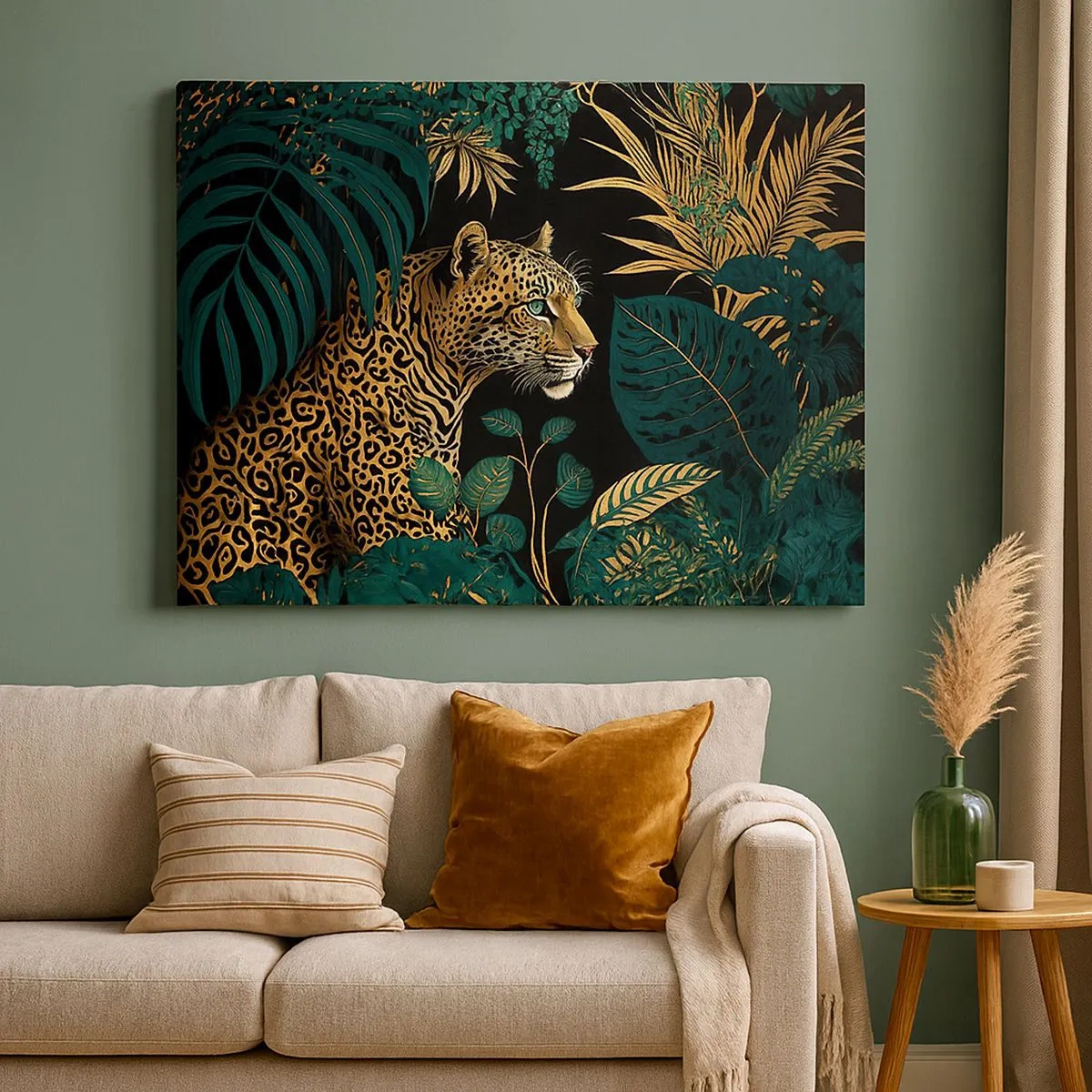 Tablou pe pânză Canvas - Leopard în frunze tropicale pe fundal negru - 70x50cm - Domnitorul junglei - Decorațiune modernă pentru perete pentru living și dormitor ARTTOR