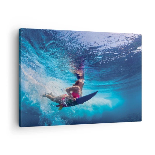 Tablou pe pânză Canvas - Un surfer sub apă într-o compoziție dinamică în nuanțe de albastru. - 70x50cm - Profunzimea bucuriei - Decorațiune modernă pentru perete pentru living și dormitor ARTTOR