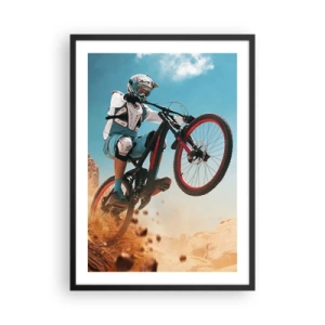 Poster în ramă neagră - Un ciclist de munte execută o săritură dinamică pe un peisaj deșertic. - 50x70cm - Nebunia demonului bicicletei - Decorațiune modernă pentru perete pentru living și dormitor ARTTOR