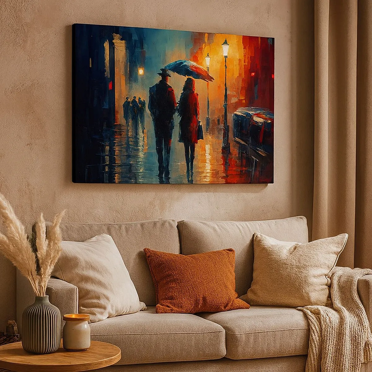 Tablou pe pânză Canvas - Mergând prin ploaie sub o umbrelă în oraș noaptea - 70x50cm - Poveste de dragoste urbană - Decorațiune modernă pentru perete pentru living și dormitor ARTTOR