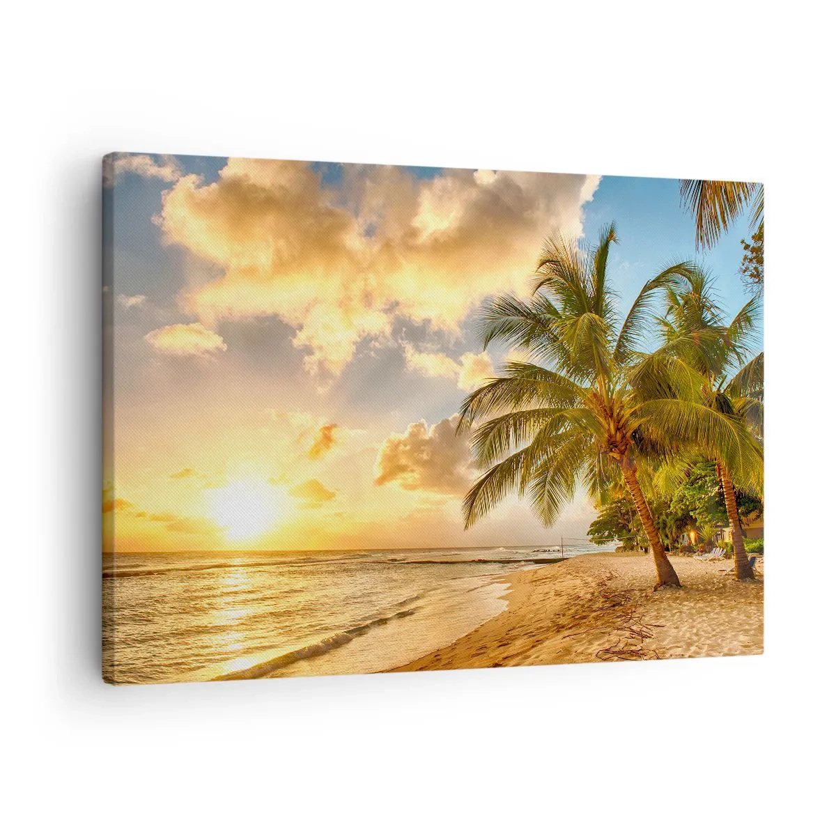Tablou pe pânză Canvas - Plajă cu palmieri și apus de soare peste ocean - 70x50cm - Vară eternă, întotdeauna o vacanță - Decorațiune modernă pentru perete pentru living și dormitor ARTTOR