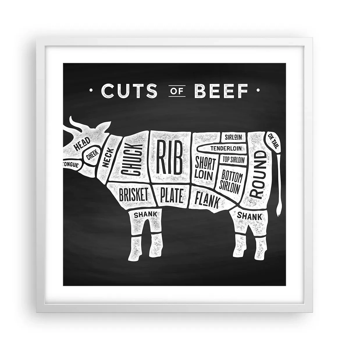 Poster în ramă albă - Abecedar de măcelar - 50x50 cm