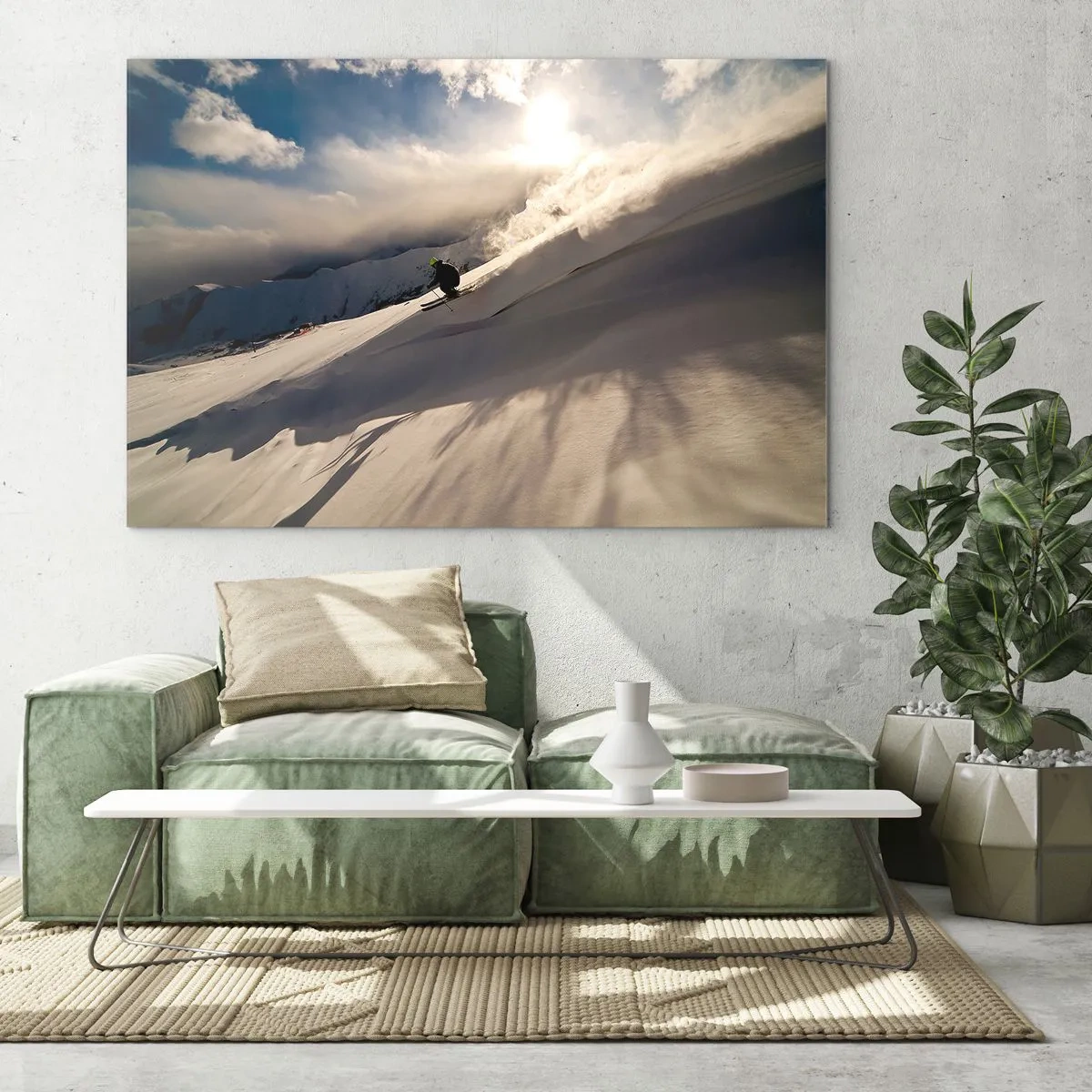 Tablou pe sticlă - Un schior alunecând pe o pantă în lumina soarelui de iarnă - 70x50cm - Provocarea munților - Decorațiune modernă pentru perete pentru living și dormitor ARTTOR