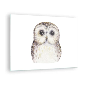Tablou pe sticlă - Bufniță adorabilă pe fundal alb în stil acuarelă - 70x50cm - Uită-te în ochii mei - Decorațiune modernă pentru perete pentru living și dormitor ARTTOR