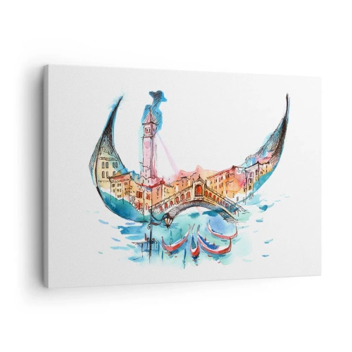 Tablou pe pânză Canvas - O compoziție în acuarelă a Veneției în formă de gondolă - 70x50cm - Croazieră prin oraș - Decorațiune modernă pentru perete pentru living și dormitor ARTTOR
