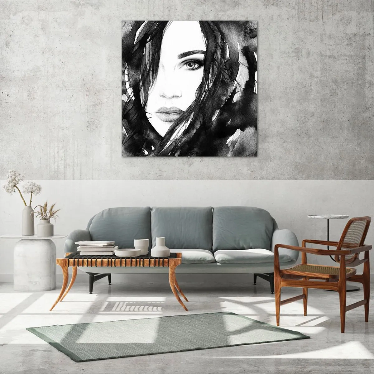 Tablou pe sticlă - Studiu unei dame în alb și negru - 40x40 cm