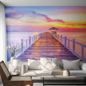 Tapet Premium Sand - Tăcerea serii în liliac-auriu - Peisaj, Mare, Dafin - 100x70 cm