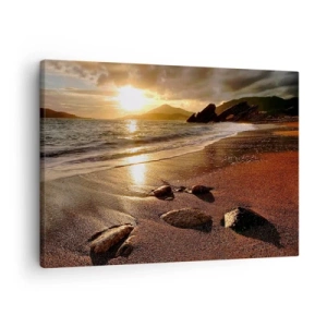 Tablou pe pânză Canvas - Plajă la apus cu pietre pe țărm - 70x50cm - Urmează soarele spre dealuri - Decorațiune modernă pentru perete pentru living și dormitor ARTTOR