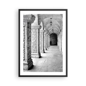 Poster în ramă neagră - O fotografie alb-negru a unei mănăstiri istorice cu coloane - 50x70cm - Și încotro…? - Decorațiune modernă pentru perete pentru living și dormitor ARTTOR