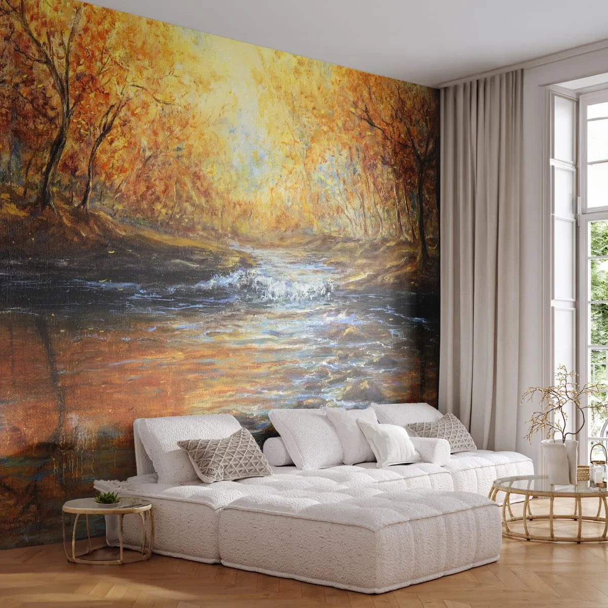 Tapet Premium Sand - Pârâul de aur - Peisaj, pârâu de munte, pădure - 500x350 cm