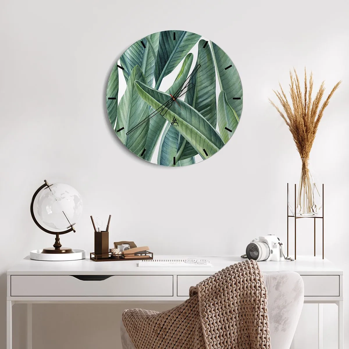 Ceas de perete - Ceas pe sticlă - Ilustrație cu frunze verzi pe un fundal deschis - 30x30cm - Verdeața în sine - Decorațiune modernă pentru perete pentru living, bucătărie și dormitor ARTTOR