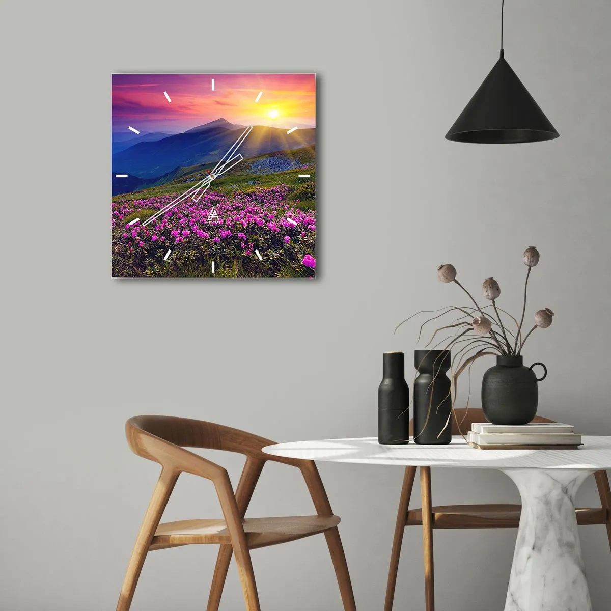 Ceas de perete - Ceas pe sticlă - ... Și peste tot în jur se simte un miros de jneapăn și parfum de ierburi... - 30x30 cm