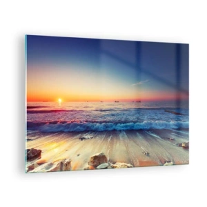 Tablou pe sticlă - Apus de soare peste plajă cu valuri line și o mare calmă - 70x50cm - Și ce este dincolo de orizont? - Decorațiune modernă pentru perete pentru living și dormitor ARTTOR