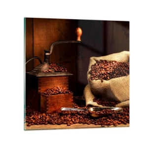 Tablou pe sticlă - Natură moartă cu boabe de cafea și măcinător - 70x70 cm