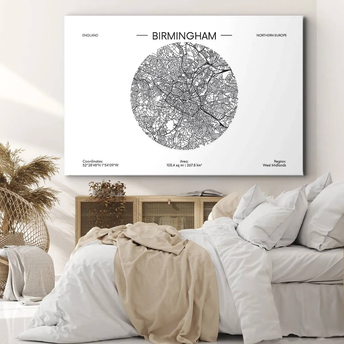 Tablou pe pânză Canvas - O hartă minimalistă alb-negru a orașului Birmingham, cu detalii precise. - 70x50cm - Anatomia Birmingham - Decorațiune modernă pentru perete pentru living și dormitor ARTTOR