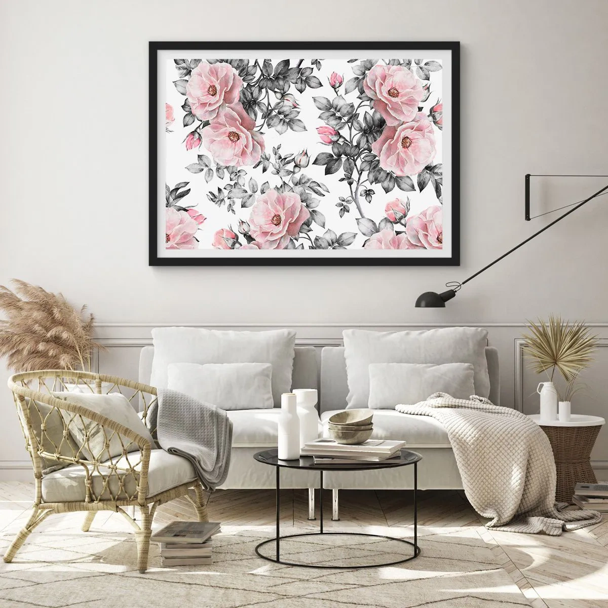 Poster în ramă neagră - Pierde-te în florile de trandafir - 91x61 cm
