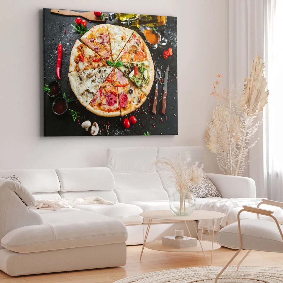 Tablou pe pânză Canvas - Pizza în diverse arome cu un fundal de toppinguri - 70x50cm - Un evantai de arome - Decorațiune modernă pentru perete pentru living și dormitor ARTTOR