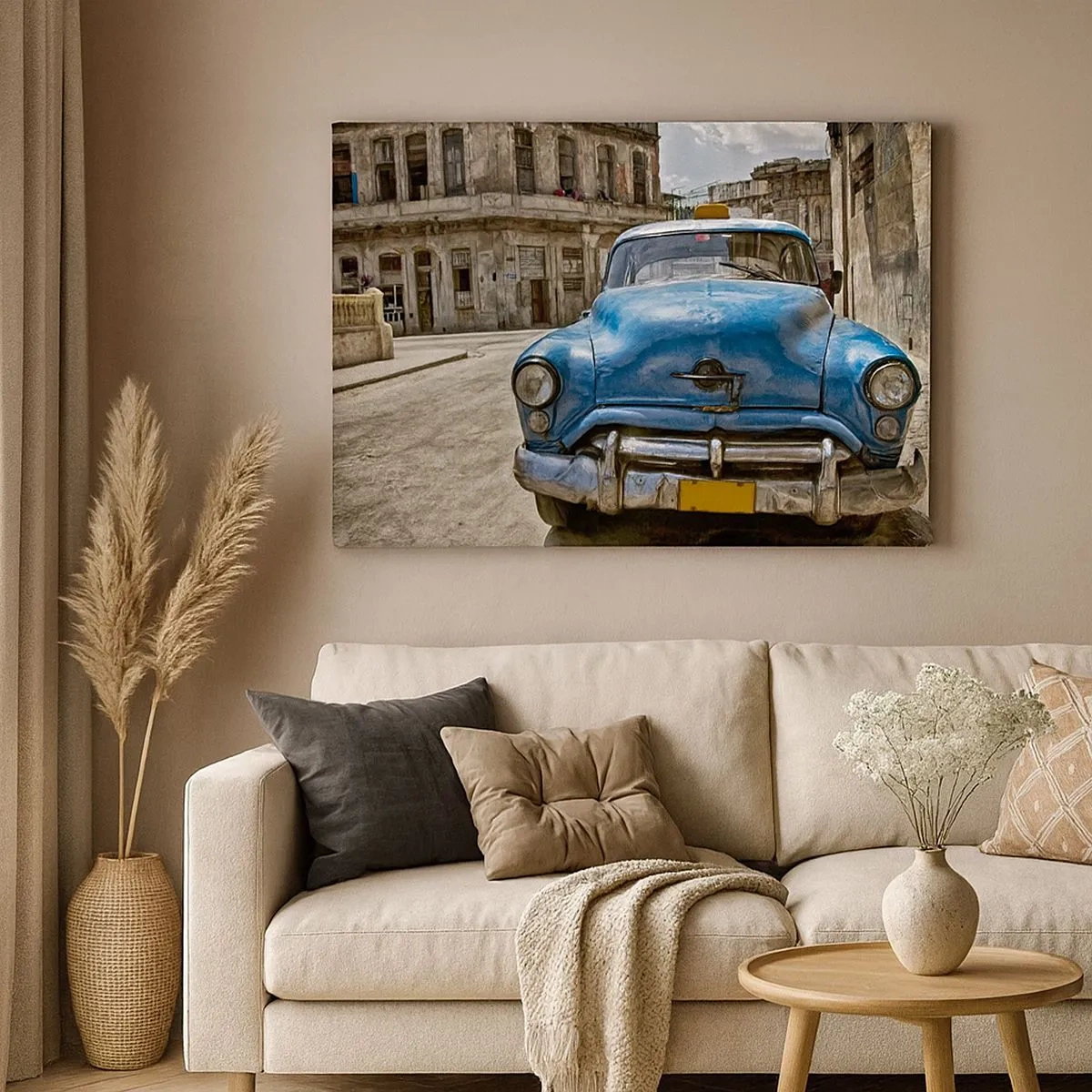 Tablou pe pânză Canvas - O mașină albastră veche pe stradă, în stil retro - 70x50cm - Vechiul este frumos - Decorațiune modernă pentru perete pentru living și dormitor ARTTOR