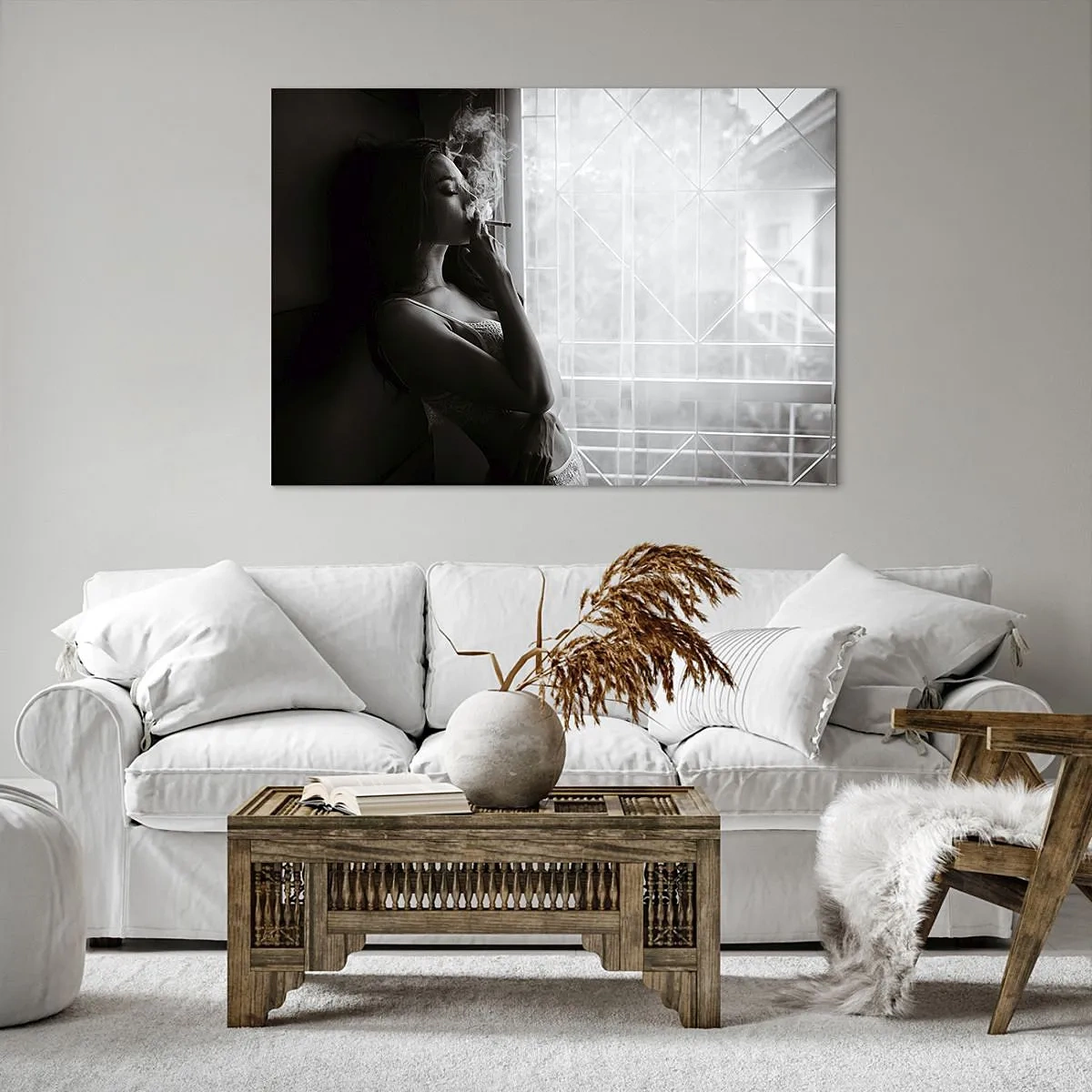 Tablou pe pânză Canvas - O femeie într-o poză senzuală într-o fotografie alb-negru - 70x50cm - Un moment senzual - Decorațiune modernă pentru perete pentru living și dormitor ARTTOR