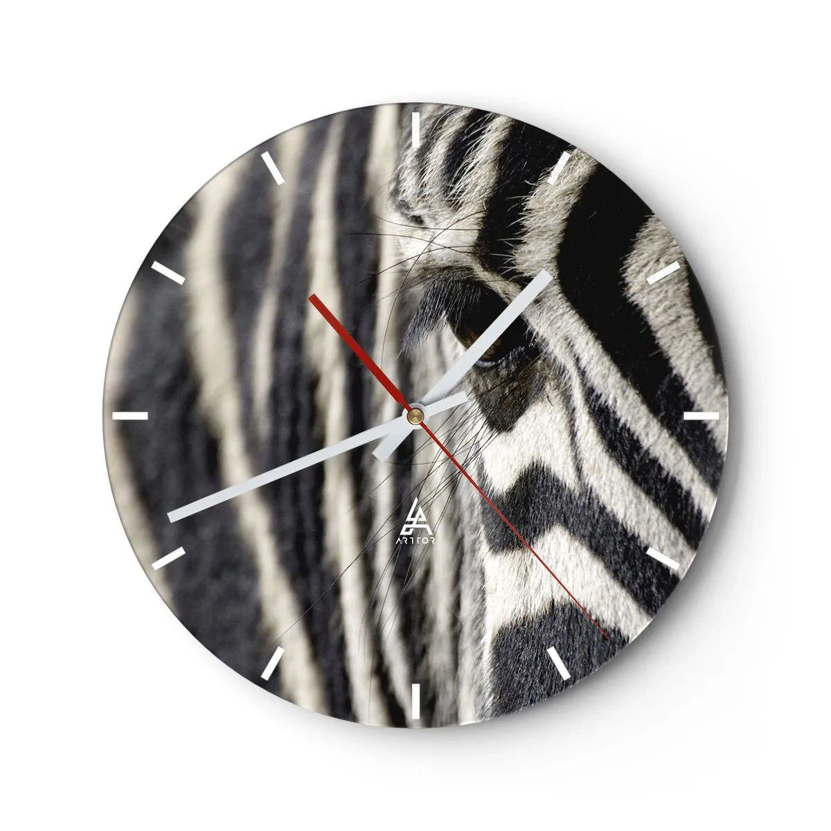 Ceas de perete - Ceas pe sticlă - Prim-plan al ochiului unei zebre cu dungi albe și negre - 30x30cm - Portret cu dungi - Decorațiune modernă pentru perete pentru living, bucătărie și dormitor ARTTOR