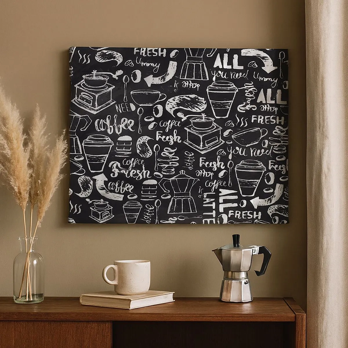 Tablou pe pânză Canvas - Grafică elegantă de cafea pe fundal negru - 70x50cm - All you need is… - Decorațiune modernă pentru perete pentru living și dormitor ARTTOR