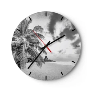 Ceas de perete - Ceas pe sticlă - Plajă cu palmieri în alb și negru - 30x30cm - Când tânjești după singurătate... - Decorațiune modernă pentru perete pentru living, bucătărie și dormitor ARTTOR