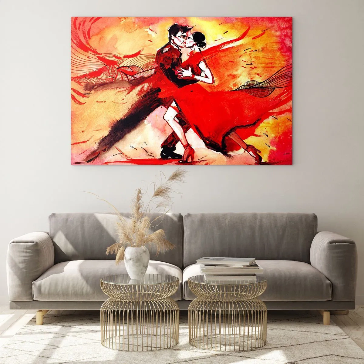 Tablou pe sticlă - Un cuplu dansând într-o compoziție dinamică roșie - 70x50cm - Ritmul pasiunii purpuriu - Decorațiune modernă pentru perete pentru living și dormitor ARTTOR