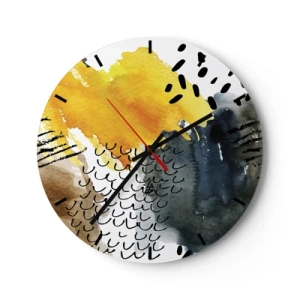 Ceas de perete - Ceas pe sticlă - Model abstract în galben, albastru marin și negru - 30x30cm - O întâlnire a elementelor - Decorațiune modernă pentru perete pentru living, bucătărie și dormitor ARTTOR