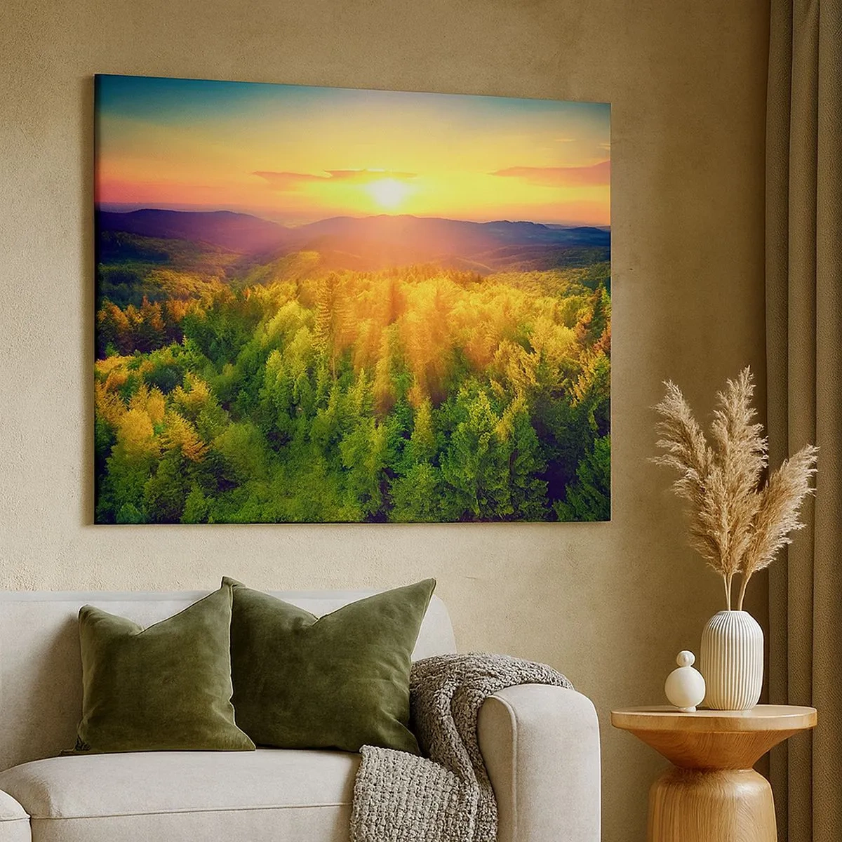 Tablou pe pânză Canvas - Peisaj forestier cu apus de soare peste dealuri - 70x50cm - Vârfuri și culmi - Decorațiune modernă pentru perete pentru living și dormitor ARTTOR