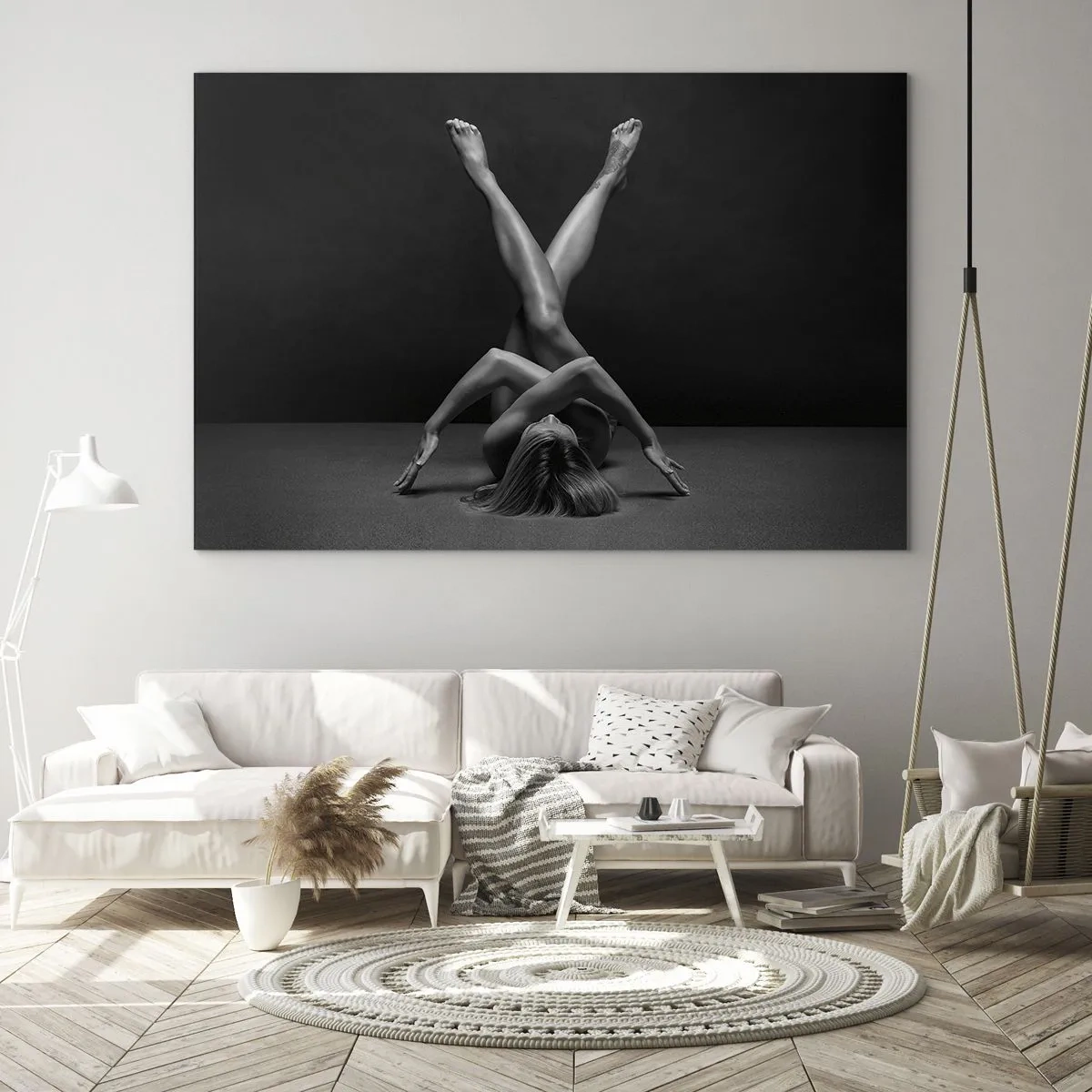 Tablou pe sticlă - Nud feminin într-o compoziție corporală geometrică - 70x50cm - Geometria nudității - Decorațiune modernă pentru perete pentru living și dormitor ARTTOR