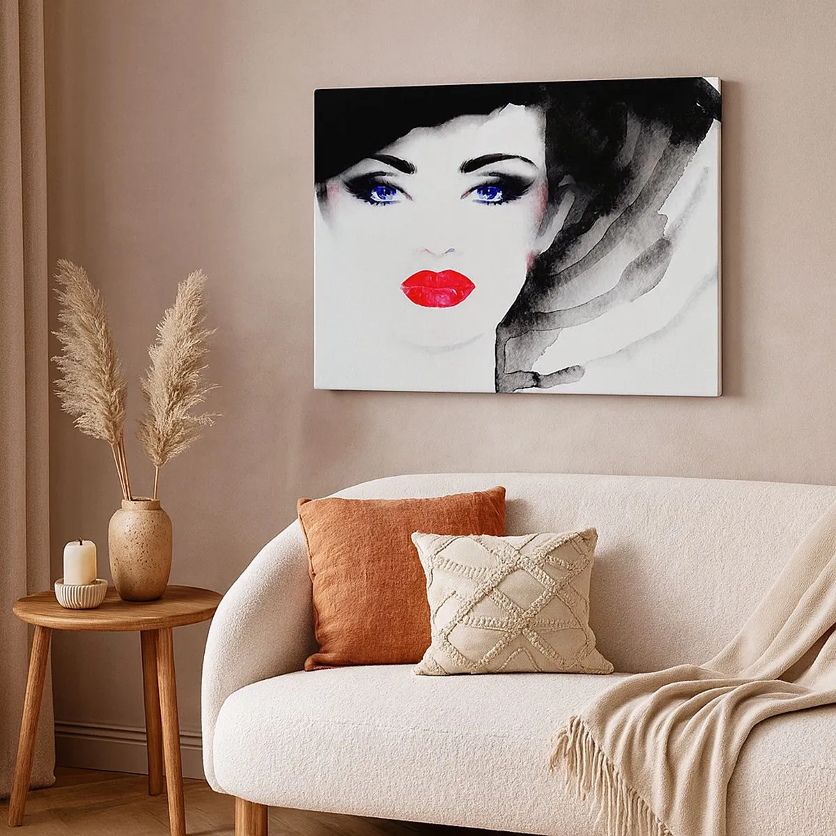 Tablou pe pânză Canvas - Portretul unei femei cu buze roșii și ochi albaștri intensi - 70x50cm - Respinge și cheamă - Decorațiune modernă pentru perete pentru living și dormitor ARTTOR