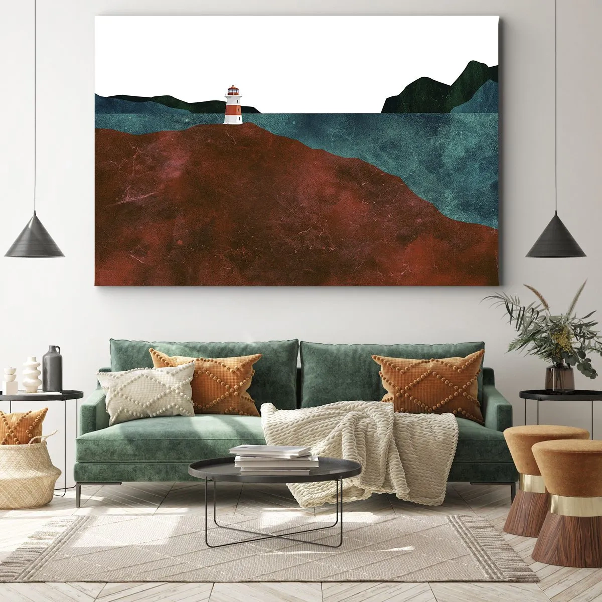 Tablou pe pânză Canvas - Un far pe fundalul munților și al mării - 70x50cm - Privind marea - Decorațiune modernă pentru perete pentru living și dormitor ARTTOR