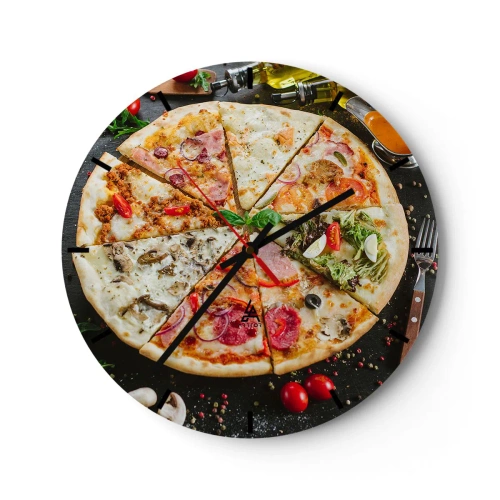 Ceas de perete - Ceas pe sticlă - Pizza apetisantă cu diverse toppinguri pe fundal negru - 30x30cm - Un evantai de arome - Decorațiune modernă pentru perete pentru living, bucătărie și dormitor ARTTOR