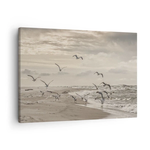 Tablou pe pânză Canvas - Un pescăruș în zbor deasupra unui peisaj litoral - 70x50cm - Marea zumzăie, păsările cântă - Decorațiune modernă pentru perete pentru living și dormitor ARTTOR