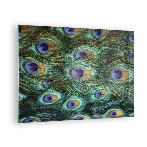 Tablou pe sticlă - Detaliu al penelor de păun cu ochi distincti - 70x50cm - O privire cu ochi de păun - Decorațiune modernă pentru perete pentru living și dormitor ARTTOR
