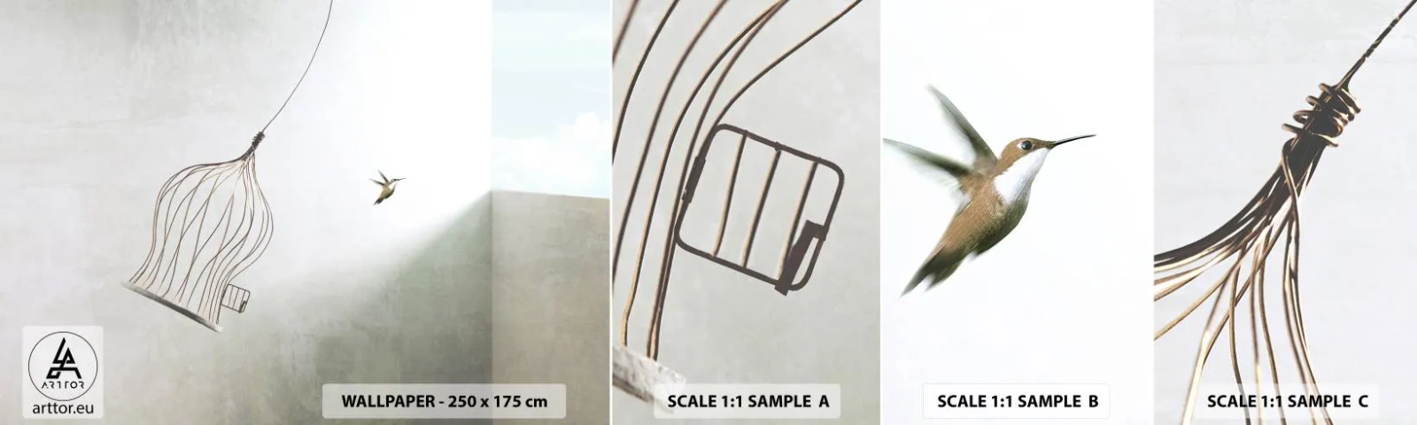 Mostră de Tapet Standard Eco - Eliberat - Abstracția, Pasăre, Colivie - 100x30 cm