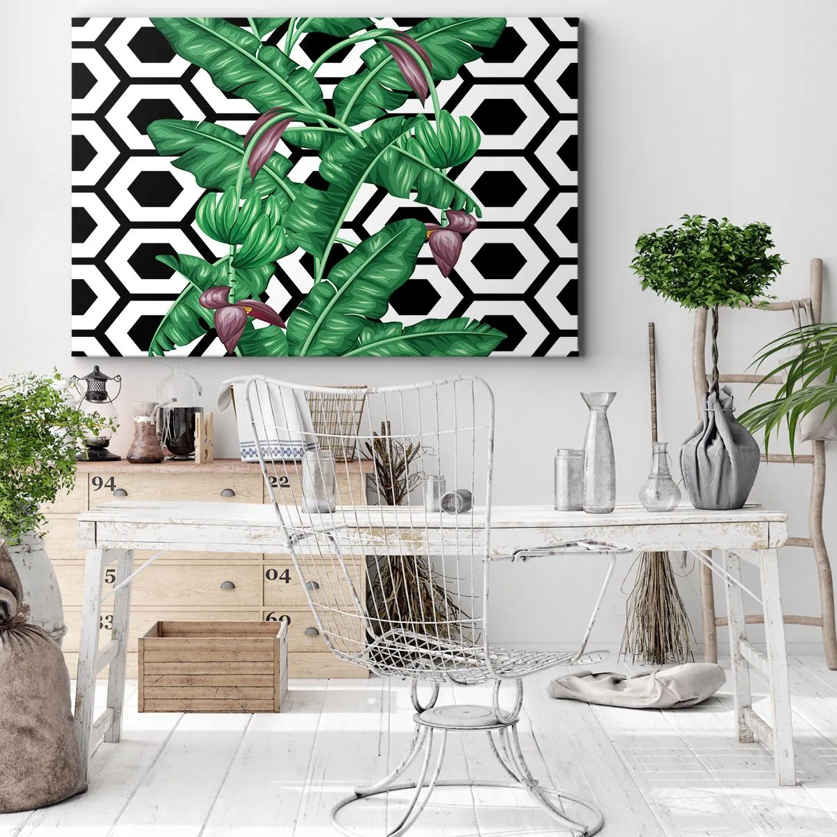 Tablou pe pânză Canvas - Frunze tropicale pe un fundal geometric - 70x50cm - Compoziție simetrică din natură - Decorațiune modernă pentru perete pentru living și dormitor ARTTOR