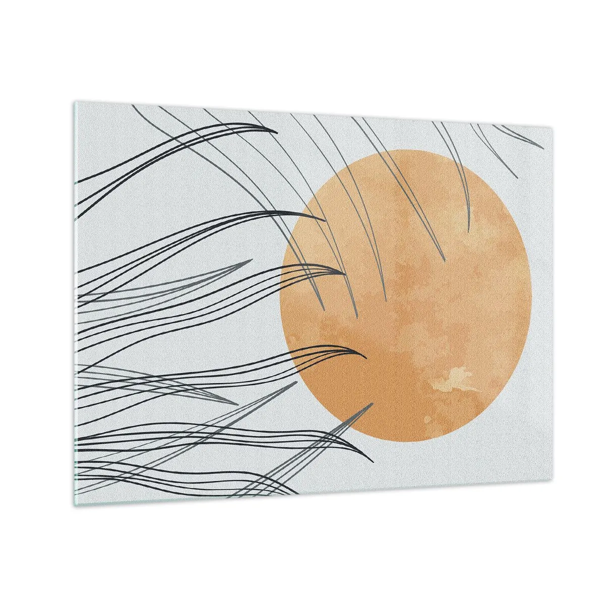 Tablou pe sticlă - Soare portocaliu cu linii dinamice pe un fundal deschis - 70x50cm - Întotdeauna spre soare - Decorațiune modernă pentru perete pentru living și dormitor ARTTOR